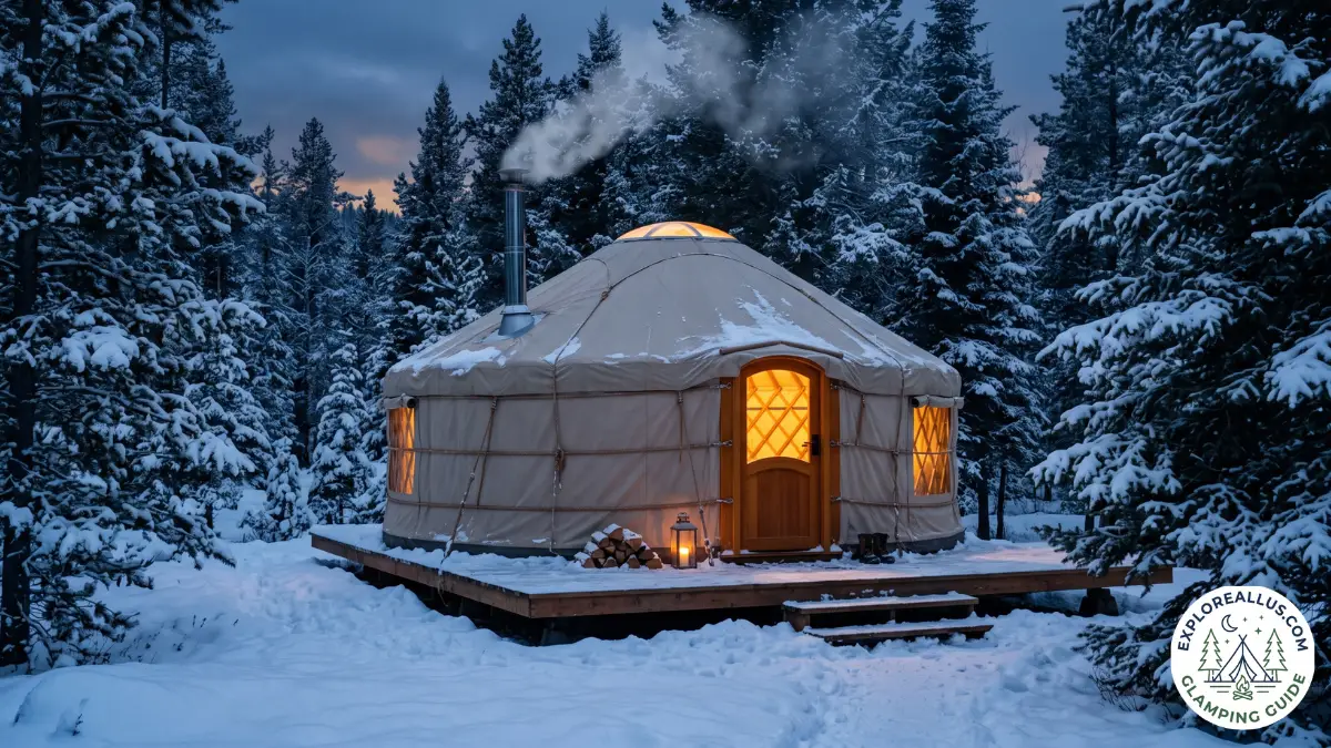 Snow-covered winter glamping yurt with smoke from chimney