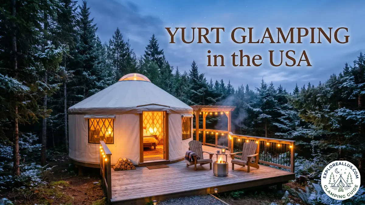 yurt glamping with glowing lights on a deck in a pine forest