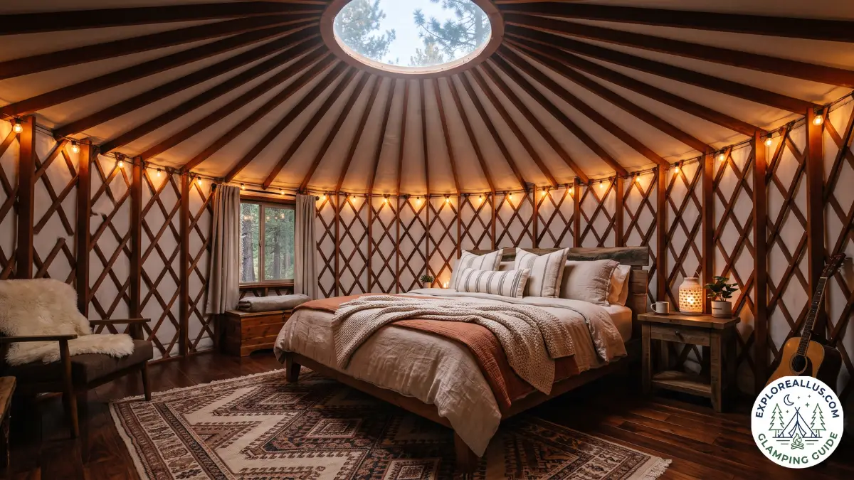 Cozy yurt interior with queen bed, lattice walls, and skylight