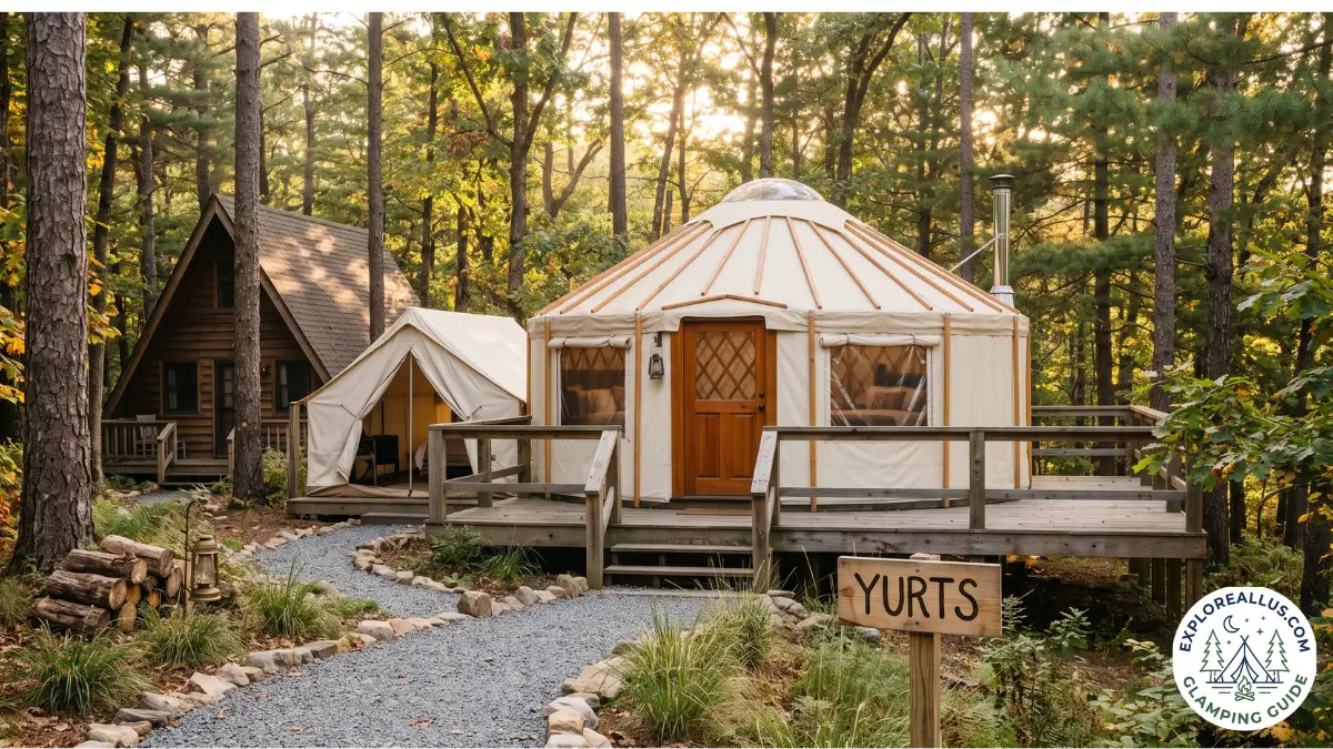 A-frame cabin, canvas safari tent, and modern glamping yurt side-by-side in a forest setting